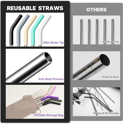 Metal Straw for 40 oz Stanley Cup, Reusable Stainless Steel Straws with Silicone Tip for Simple Modern, Meoky 40oz Tumbler, 12" Extra Long Straws, Cleaning Brush, 1 Portable Bag