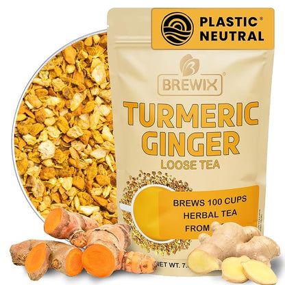 BREWIX, Turmeric Ginger Loose Herbal Tea (100+ Cups, 7.05oz/200g) Caffeine & Gluten Free | Ginger Root Tea | Savory & Spicy