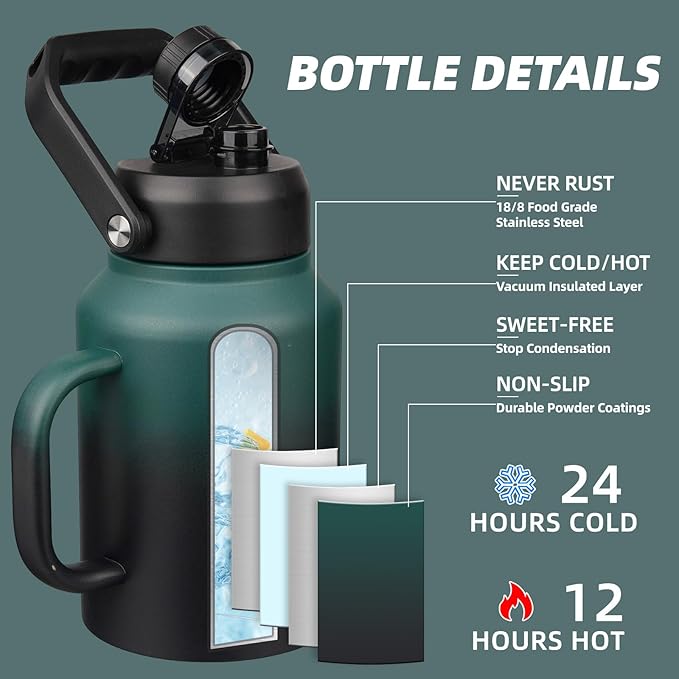 BJPKPK 64oz Insulated Water Bottle with Handle, Large Dishwasher Safe Half Gallon Water Bottle, BPA Free Water Jug, Wide Mouth Metal Water Bottle with Anti-slip Bottom, Army Green & Black