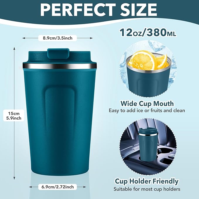 Volhoply 12 oz Double Wall Insulated Vacuum Travel Coffee Mug with Flip Lid Bulk 4 Pack,Reusable Stainless Steel Leak Proof Coffee Cups,Portable Cafe Thermal Tumbler for Hot & Cold Drinks(Bule,4 Set)