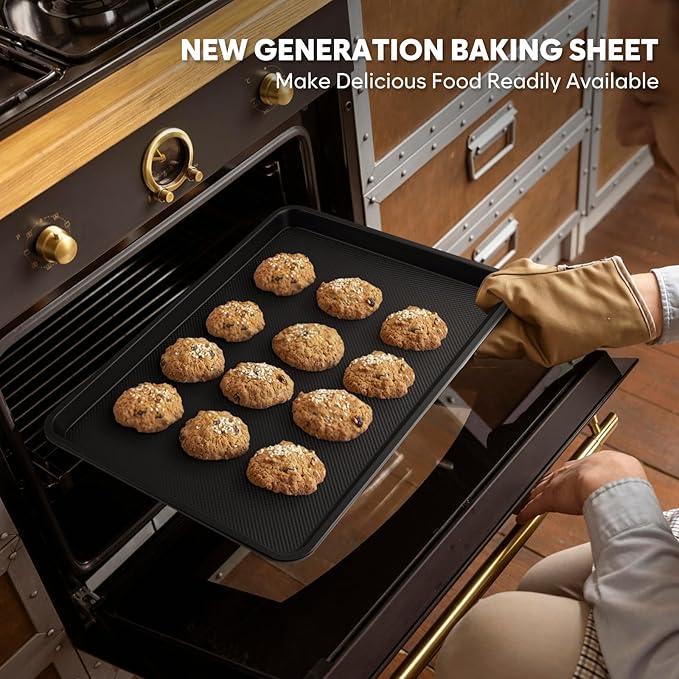 Cookie Sheet for Baking with Wire Rack, Thicker Carbon Steel Half Baking Sheet Pan Set Non Stick, Cooling Rack for Cooking and Baking, 17.5 x 13 Inch Ceramic Cookie Tray
