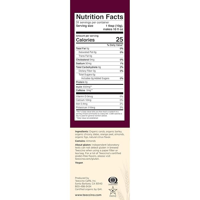 Teeccino Blood Orange Chicory Coffee Alternative - Ground Herbal Coffee That’s Prebiotic, Caffeine Free & Acid Free, Light Roast, 11 Ounce