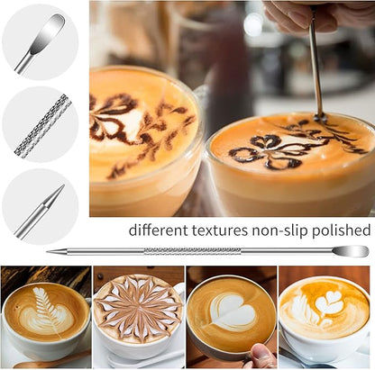Stainless Steel Milk Frothing Pitcher 20oz/600ml for Milk Cappuccino Coffee Stencils Latte Art, Milk Jug Cup with Decorating Art Pen, Powder Shaker, 16 Pieces Coffee Decorating Stencils
