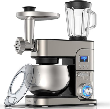6-IN-1 Stand Mixer, LCD Display Kitchen Electric Mixer, 6.5QT Stainless Steel Bowl, Multi-Function Kitchen Blender With Dough Hook, Whisk, Beater, Meat Grinder, Splash Guard