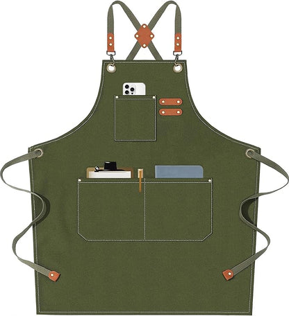 AFUN Chef Aprons for Men Women with Large Pockets, Cotton Canvas Cross Back Heavy Duty Adjustable Work Apron, Size M to XXL (Armygreen)
