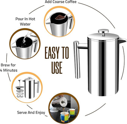 Utopia Kitchen Stainless Steel French Press Coffee Maker 34 Oz (1 Litre) with 2 Extra Filters, French Press Coffee & Tea Maker for Kitchen & Camping, Cold Brew Cafetiere, Silver