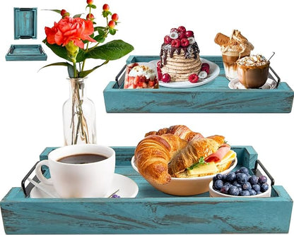 Rustic Wooden Serving Trays with Handle - Set of 2 - Large and Small, Nesting Multipurpose Trays - for Breakfast, Coffee Table/Butler & More - Rustic Blue