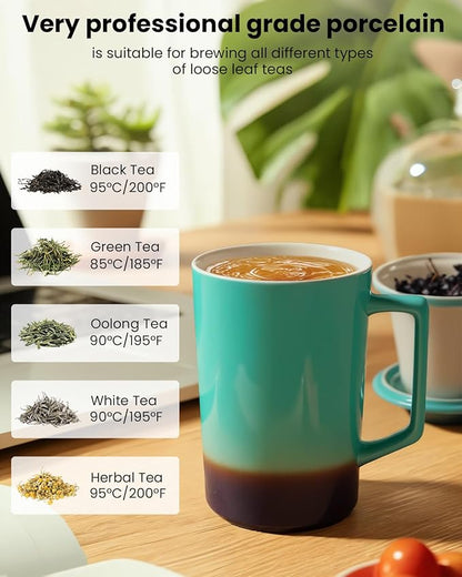 15 OZ Porcelain Tea Infuser Cup with Lid,Ceramic Tea Mug with All-Porcelain Strainers for Loose Leaf Teas,Microwave and Dishwasher Safe Coffee Mug,Metal-Free,BPA-Free,Gifts for Tea-Lover (Green)