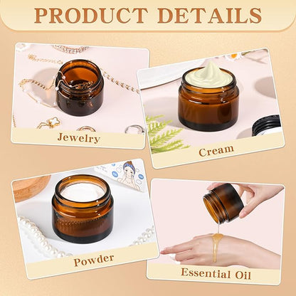 Glass Jars with Lids,Eco-Friendly Cosmetic Containers with Airtight Black Lids & Liners, Multi-Color Options for Cream, Lotion, Body Butter, DIY Skincare Travel Jars (Amber, 2oz)