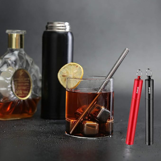 2 Pack Reusable Metal Straws Collapsible Stainless Steel Drinking Straw Travel Portable Telescopic Straw with Case for Cruise Ship Essentials Black/Rose Gold