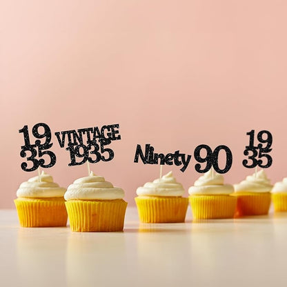 Gyufise 24Pcs Vintage 1935 Cupcake Toppers Glitter Cheers to 90 Fabulous Ninety Cupcake Picks 90th Birthday Wedding Anniversary Party Cake Decorations Supplies Black