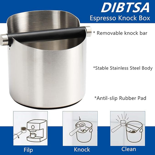 Coffee Knock Box, Espresso Knock Box Stainless Steel Espresso Machine Accessories with Removable Knock Bar and Non-Slip Base Coffee Grounds Container Bin, Large (Silver)