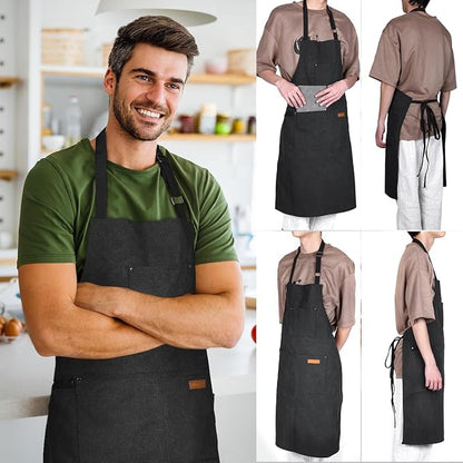 Chef Cooking Aprons for Men Women Thickened Canvas Cotton Apron with 4 Pockets for BBQ Work Kitchen (Black)