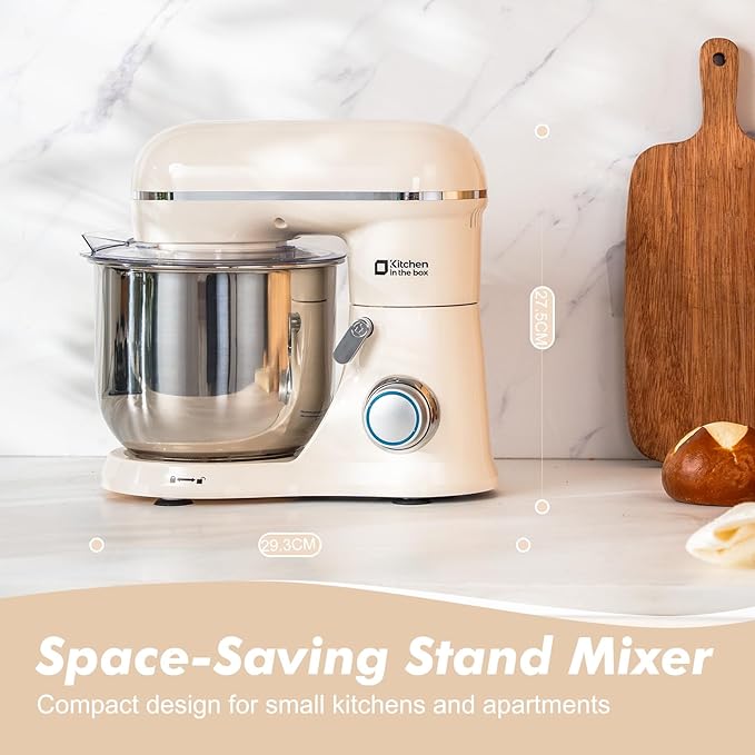 Kitchen in the Box Stand Mixer, 3.5 QT Small Electric Kitchen Mixer, 10-Speed Portable Lightweight Food Mixer with Stainless Steel Bowl, Egg Whisk, Dough Hook, Beater (Cream White)
