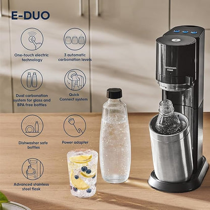 SodaStream E-Duo Sparkling Water Maker Bundle (Black) with CO2, Carbonating Bottle, (1) 1L Glass Bottle and 2x Bubly Drop Flavors