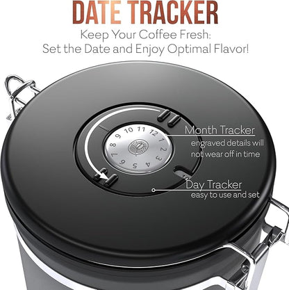 Coffee Canister – Airtight Stainless Steel Storage Container with Date Tracker & Scoop, Sealed Jar for Grounds, Beans, Tea, Flour, Cereal, and Sugar (Gray Home, 22OZ)