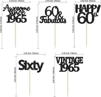 Gyufise 30Pcs 60th Birthday Cupcake Toppers Vintage 1965 Cake Decorations Cheers to 60 Fabulous Sixty Cupcake Picks 60th Birthday Wedding Anniversary Party Cake Decorations Supplies Black