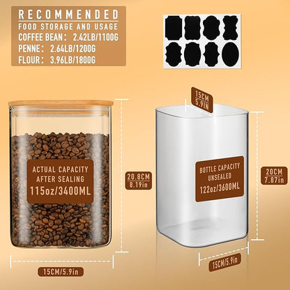122oz Airtight Glass Square Storage Canister with Bamboo Lid Set of 2(3600ml*2) Large Storage Container Gallon Glass Jars, for Sugar, Flour, and Coffee bean (with Black Lable)