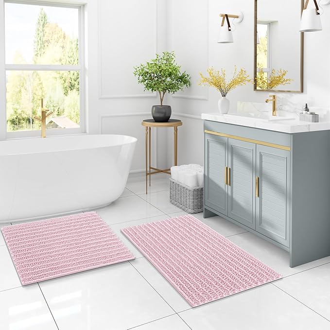 Arotive Luxury Chenille Bathroom Rug Mat, Extra Soft Thick Absorbent Shaggy Bath Rugs, Non-Slip Machine Wash Dry, Plush Bath Mats for Bathroom, Shower and Tub, 30x17, Pink