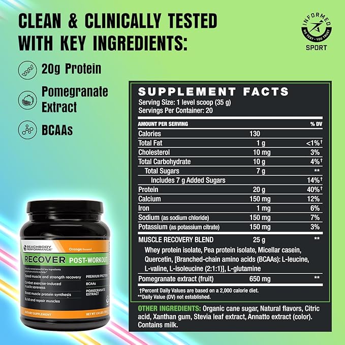 BODi Recover Whey Protein Powder Blend– Post-Workout Orange Whey Supplement for Muscle Recovery with 20g Protein, BCAAs, Pomegranate Extract - Fast Recovery - 20 Serving Tub