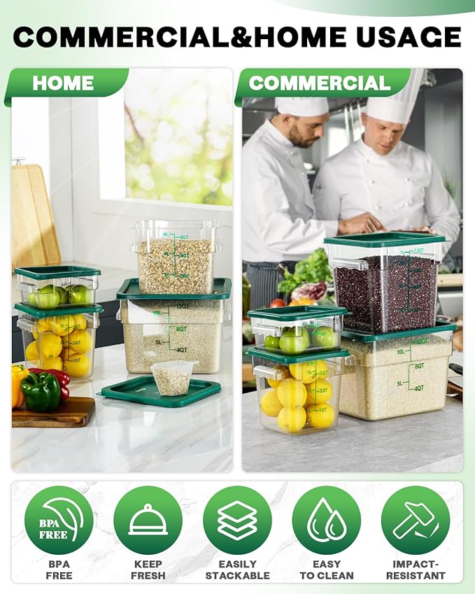 2QT&4QT NSF Food Storage Containers with Lids: 4 PCS [Total Food Grade][Hot&Cold Resistant] Commercial Clear Food Storage Containers for Restaurant Kitchen Proof Dough Green