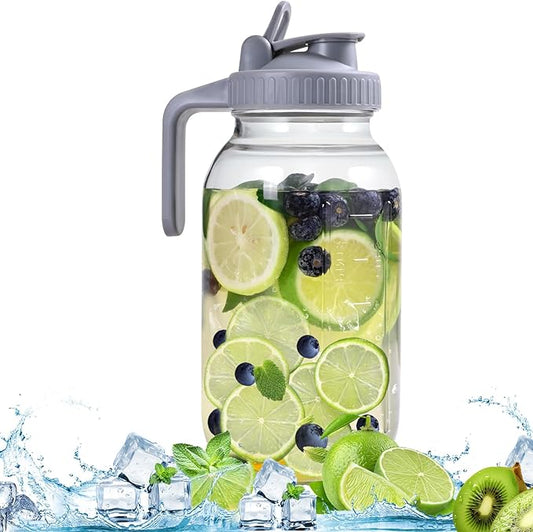 64OZ Glass Pitchers with Lid, Wide Mouth Water Jugs, Leak-Proof Airtight Mason Jars for Cold Brew Coffee, Iced tea, Milk, Food Storage, Sun Tea Jar (Grey)