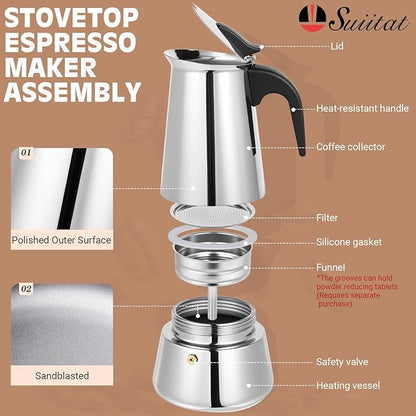 Moka Pot, 4 Cups (7.1 oz) Stovetop Espresso Maker, 304 Stainless Steel Moka Pot, Induction Compatible, Silver