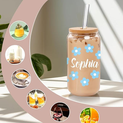 Personalized Glass Cup with Names-Custom Cup Can Shaped Glass with Lids and Straws18OZ Iced Coffee Cups-Gifts for Mothers Day Women Friend (Flower-name)