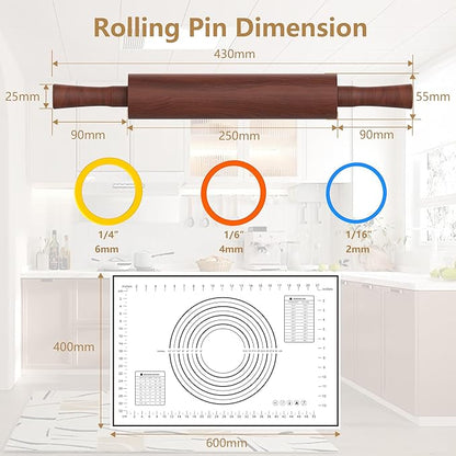 Classic Wooden Rolling Pin with Handle and Pastry Mat for Fondant, Pizza, Pies, Cookies,Rolling Pin for Baking with 3 Multi-Color Thickness Rings,17" x 2.5" (Include handle)
