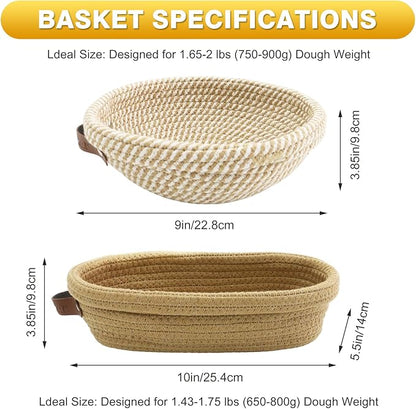 Banneton Bread Proofing Basket Set of 2, 9 10 11 inches Round & Oval Cotton Rope Sourdough Bread Baking Supplies Proofing Bowls with Liners & Covers Gifts for Bakers Women Wife Mom