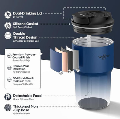 16 oz Coffee Insulated Tumbler with Lid and Flip Straw, Leak-Proof Food Grade 304 Stainless Steel Travel Coffee Mug, Double Wall Vacuum Cup for Hot and Cold Drinks (Off-White)