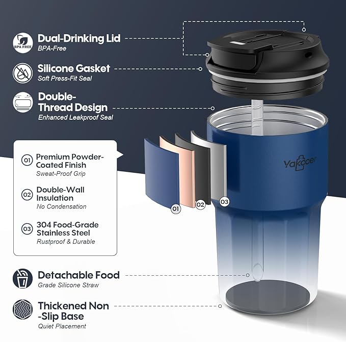 16 oz Coffee Insulated Tumbler with Lid and Flip Straw, Leak-Proof Food Grade 304 Stainless Steel Travel Coffee Mug, Double Wall Vacuum Cup for Hot and Cold Drinks (Navy Blue)