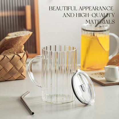 KEMORELA Large Ribbed Glass Tumbler with Handle & Lid, 2‑Pack 1000 ml / 34 oz Glass Cups with Reusable Straw – Thickened Ribbed Glass Mug for Iced Coffee, Juice, Smoothie & Cold Drinks
