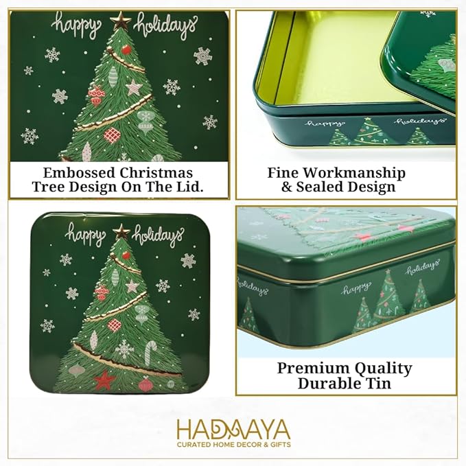 Metal Square Festive Christmas Cookie Tin with Embossed Lid for Gift Giving & Holiday Treats Multipurpose Container for Candy Snacks Holiday Christmas Party Decor Favor Gift Box GREEN GOLD XMAS TREE