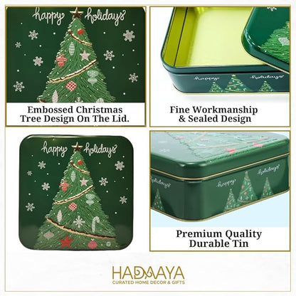 Metal Christmas Cookie Tins with Lids, 6 Pack Green Square Holiday Storage Containers, Durable & Stylish Storage Solution For Gift Giving, Cake, Candy & More