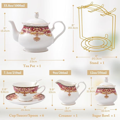 DUJUST 22 pcs Royal Vintage Porcelain Tea Set for 6, Luxury British Tea Sets for Adults with Red Patterns & Golden Trim, Beautiful Floral Tea/Coffee Cup Set, Gift Package - Royal Treat for You