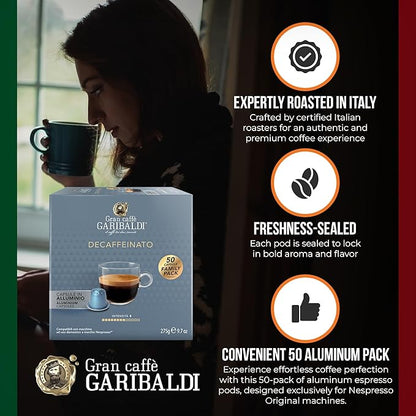 Gran Caffè Garibaldi Decaffeinated Espresso Pods, Italian Roasted Coffee, Decaf Capsules Compatible with Nespresso Original Line Machines, Nitrogen Flushed Intense & Rich Aroma - Decaffeinato (Aluminum) 200 Cups
