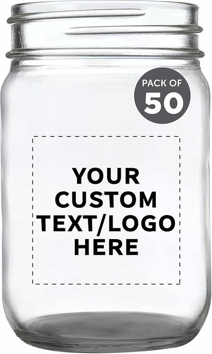 DISCOUNT PROMOS Custom Decorating Mason Jars 12 oz. Set of 50, Personalized Bulk Pack - Glass Jars for Overnight Oats, Candies, Fruits, Pickles, Spices, Beverages - Black
