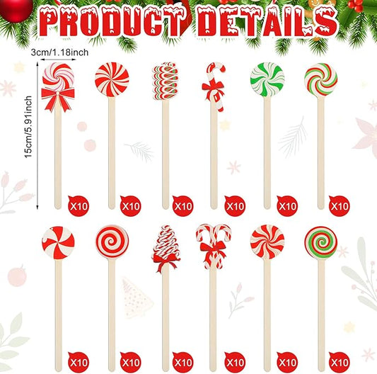 Jinei 120 Pcs Christmas Wooden Coffee Stirrers Wood Cocktail Coffee Stir Sticks Disposable Drink Stirrers for Stirring Hot Chocolate Milkshake Restaurant Home Office (Candy Style)