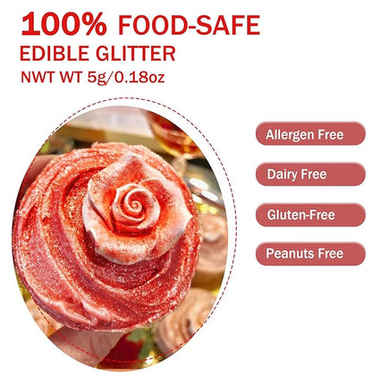 Red Edible Glitter Glimmer Powder for Cakes Drinks - Colaele 5 grams Food Grade Luster Dust Metallic Food Decorating Sprinkle Disco Brew Dust for Cake Decorations Wine Beverage Candy Dessert, Vegan