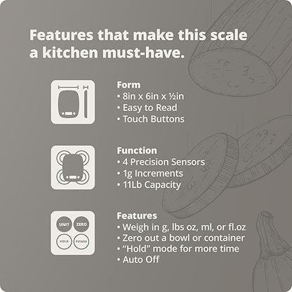Greater Goods Compact Digital Kitchen Scale – Accurate Food Scale for Baking, Meal Prep, 4 Measuring Units, 11lb/5kg