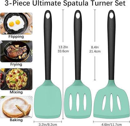 Coukre Silicone Spatula Set of 3, High Heat Resistant, BPA-Free, Kitchen Utensils, Fish Spatula, Solid & Slotted Turner for Non-Stick Pans, Flipping Eggs, Pancakes, Fish, Burgers (3, AquaGreen)
