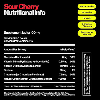 Wip Energy Pouches | 100mg Natural Caffeine | Vitamins and Minerals | Sour Cherry | 15 Pouches Per Can | 1 Can
