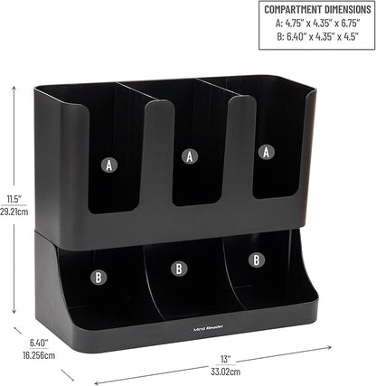 Mind Reader 6 Compartment Upright Breakroom Coffee Condiment and Cup Storage Organizer, Black