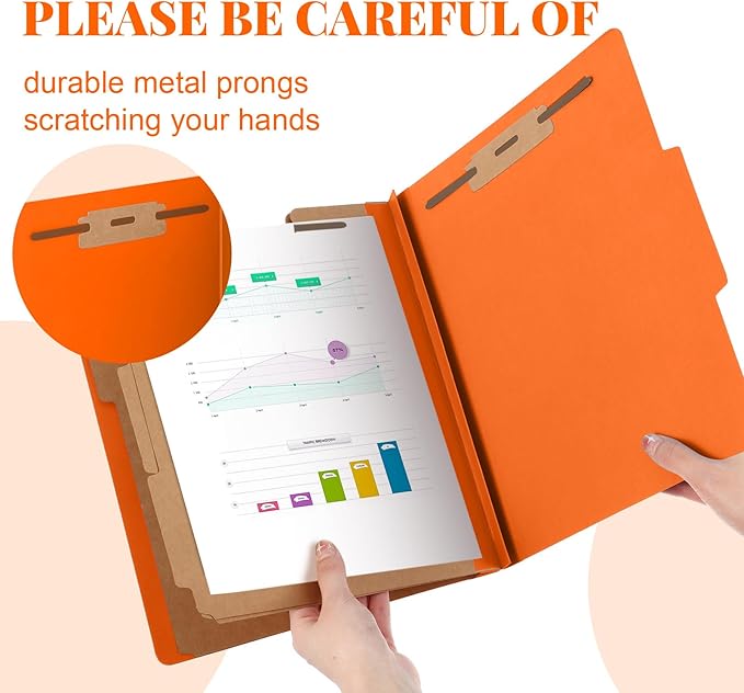 24 Pcs Classification Folders Letter Size, Back to School Supply for Teacher, Student, 3 Dividers Pressboard File Folder Bulk with 2 Fasteners, 3.5 Inch Expanding File Organizer (Orange)