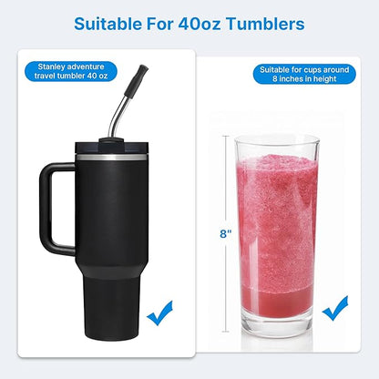 Repeatable Metal Straw with Silicone Tips for 40 oz Stanley Tumbler, 2 Pcs 40 oz Stainless Steel Straws Replacement for Stanley Tumbler, 1 Straw Brush, BPA Free（Black）
