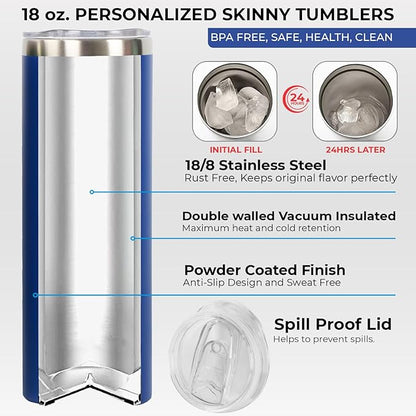 Personalized Skinny Tumbler 20oz with Slider Lid and Staw by iProductsUS - Personalized Laser Engraved Stainless Steel Custom Vacation Mug, 10 colors and 25 Designs, (Royal Blue)