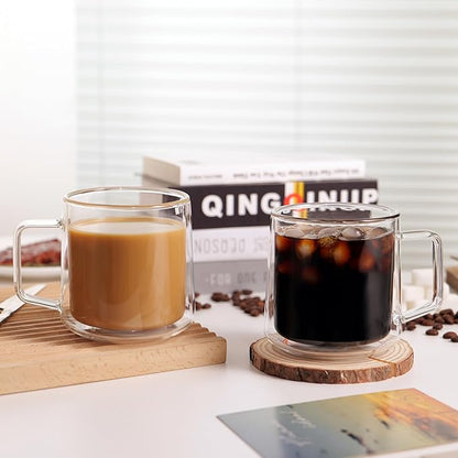CNGLASS 15oz(4-pack) Double Walled Glass Coffee Mugs,Large Insulated Glass Mugs with Handle,Clear Coffee Cups for Espresso,Latte,Cappuccino,Tea