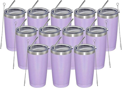 MEWAY 20oz Tumbler 12 Pack Double Wall Vacuum Insulated Travel Glitter Mug Bulk, Stainless Steel Tumblers with Lid and Straw, Powder Coated Coffee Cups for Woman(Rainbow Purple,Set of 12)