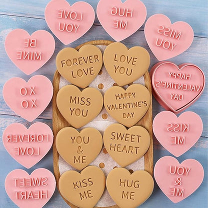 Heart Cookie Cutter Set, 10 Pcs 3D Pressable Biscuit Cutter and Stamps, Valentine's Day Cookie Molds Wedding Party DIY Cake Decorating Kit (B10)